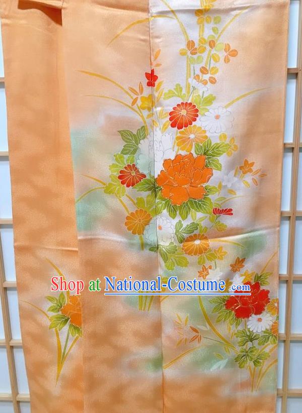 Traditional Japanese Printing Chrysanthemum Peony Orange Furisode Kimono Japan Yukata Dress Costume for Women