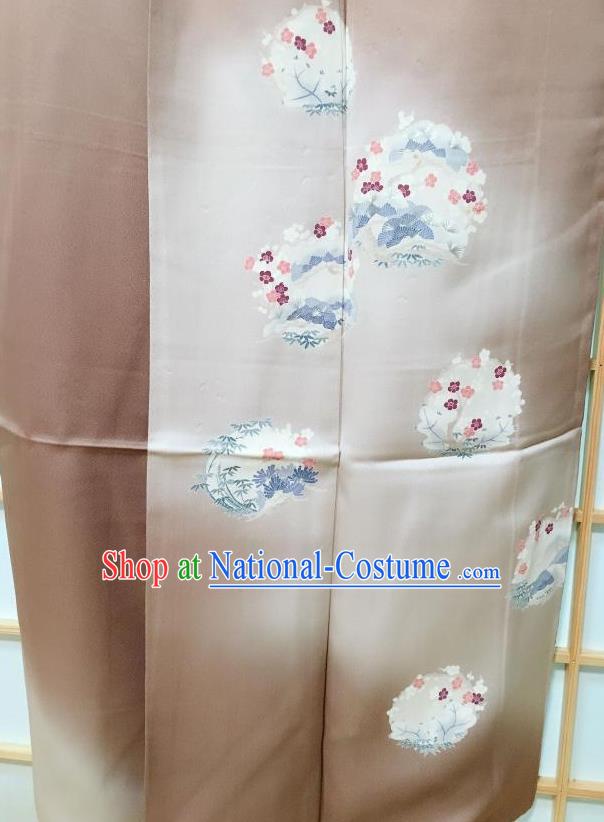 Traditional Japanese Printing Plum Blossom Brown Furisode Kimono Japan Yukata Dress Costume for Women