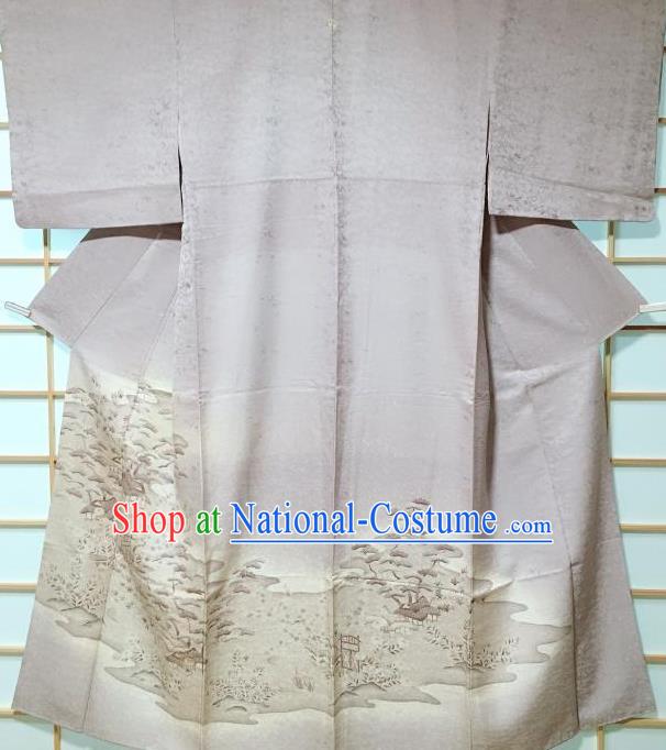 Traditional Japanese Printing Pine Grey Furisode Kimono Japan Yukata Dress Costume for Women