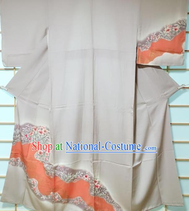 Traditional Japanese Printing Flowers Grey Furisode Kimono Japan Yukata Dress Costume for Women