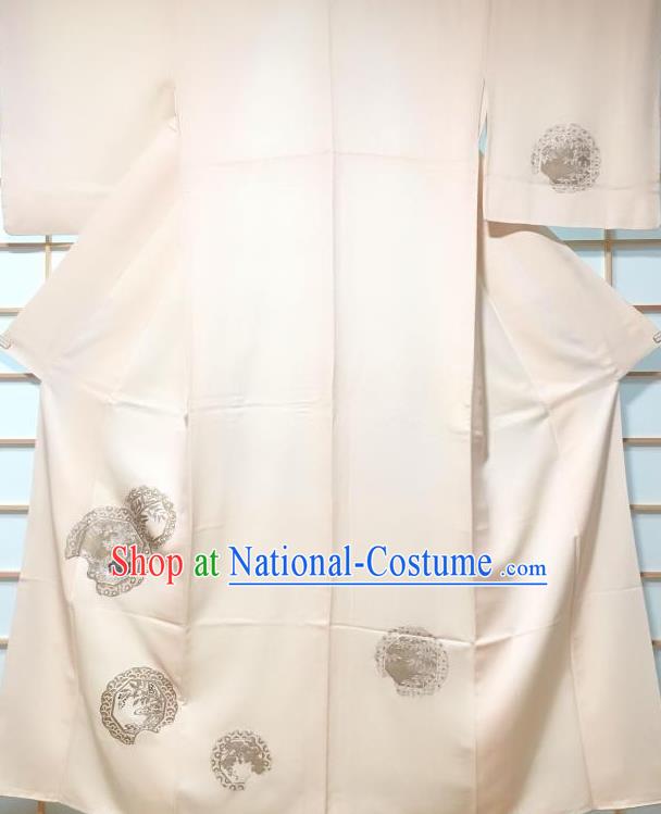 Traditional Japanese Printing Beige Furisode Kimono Japan Yukata Dress Costume for Women