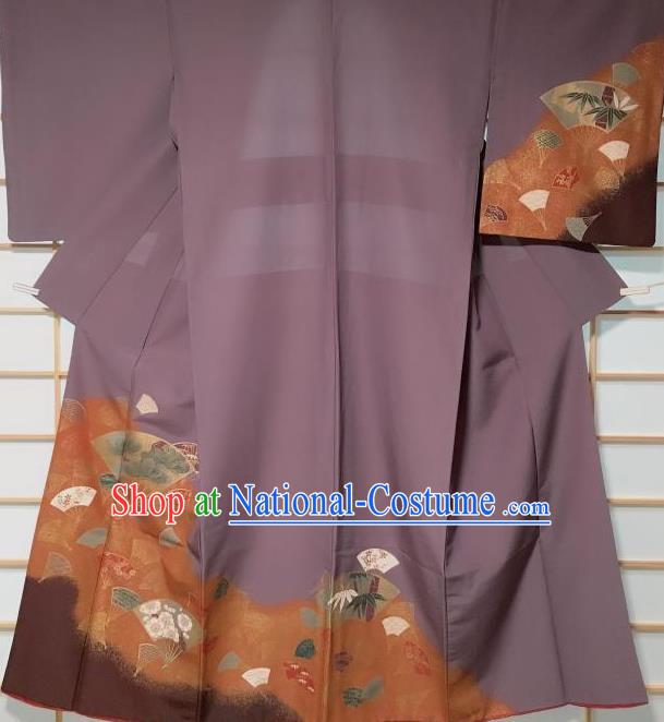 Traditional Japanese Classical Fans Pattern Purple Kimono Japan Yukata Dress Costume for Women