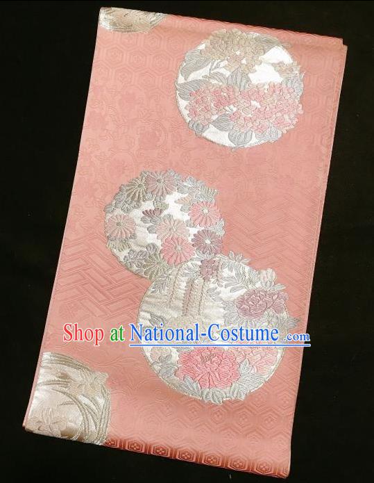 Japanese Traditional Embroidered Peony Chrysanthemum Pink Brocade Waistband Japan Kimono Yukata Belt for Women