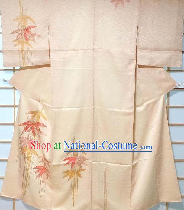 Traditional Japanese Classical Bamboo Pattern Beige Furisode Kimono Japan Yukata Dress Costume for Women