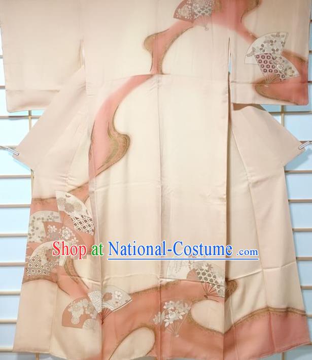 Traditional Japanese Classical Peony Fan Pattern Beige Furisode Kimono Japan Yukata Dress Costume for Women