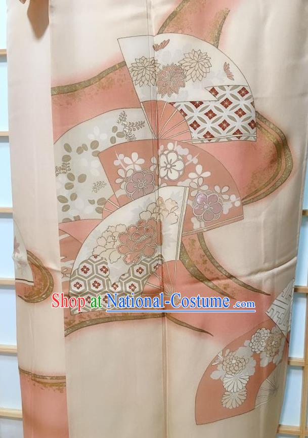 Traditional Japanese Classical Peony Fan Pattern Beige Furisode Kimono Japan Yukata Dress Costume for Women