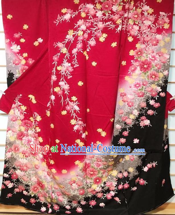 Traditional Japanese Classical Peony Pattern Red Furisode Kimono Japan Yukata Dress Costume for Women