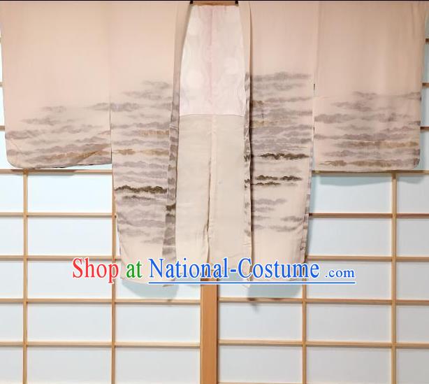 Japanese Traditional Embroidered Cloud Beige Haori Jacket Japan Kimono Overcoat Costume for Men