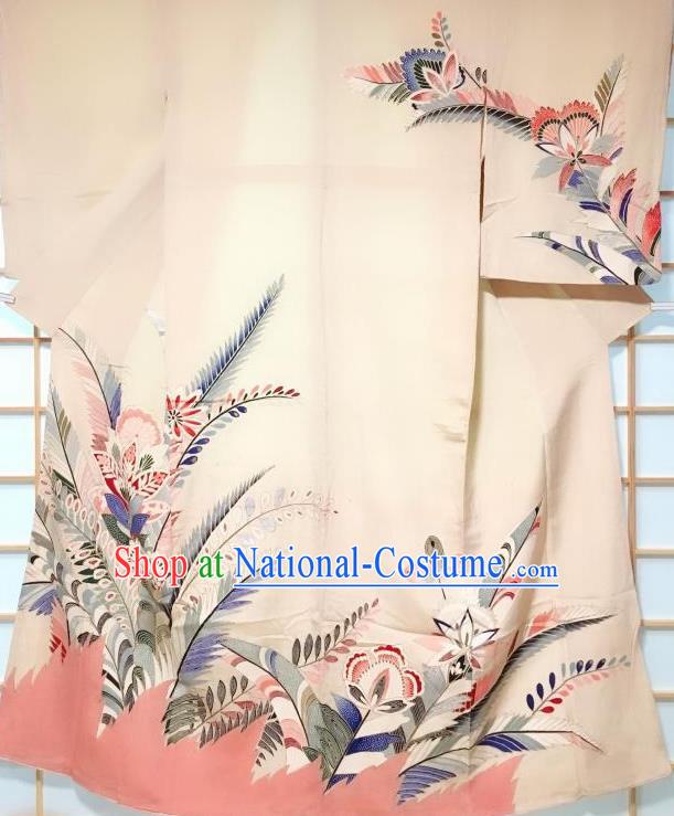 Japanese Traditional Printing Flowers Pattern Beige Tsukesage Kimono Japan Yukata Dress Costume for Women