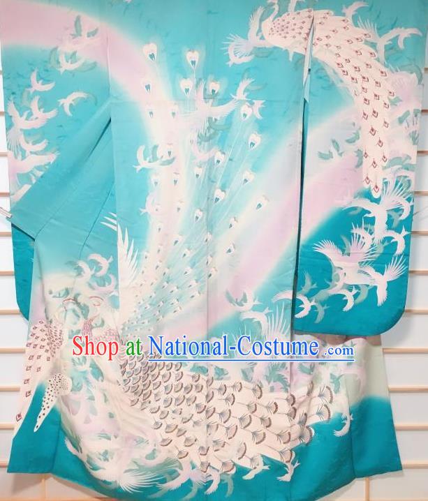 Traditional Japanese Geisha Peacock Pattern Blue Furisode Kimono Japan Yukata Dress Costume for Women