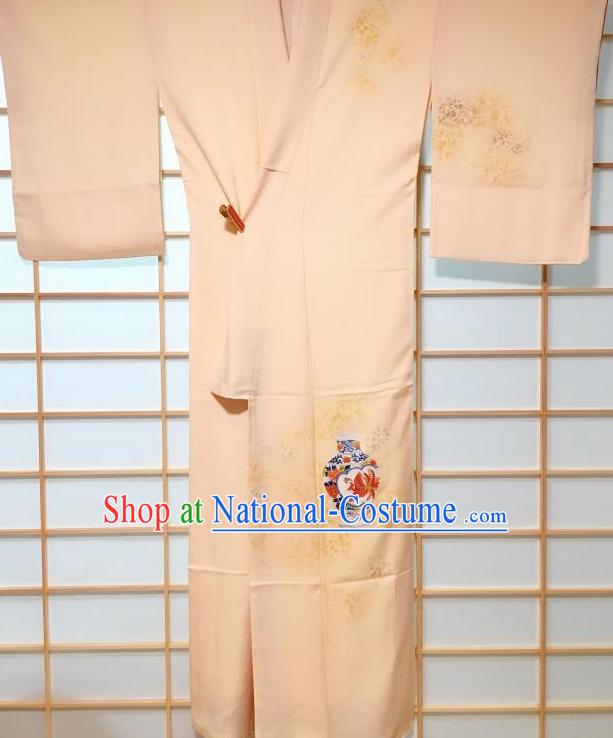 Japanese Traditional Painting Vase Pattern Beige Tsukesage Kimono Japan Yukata Dress Costume for Women