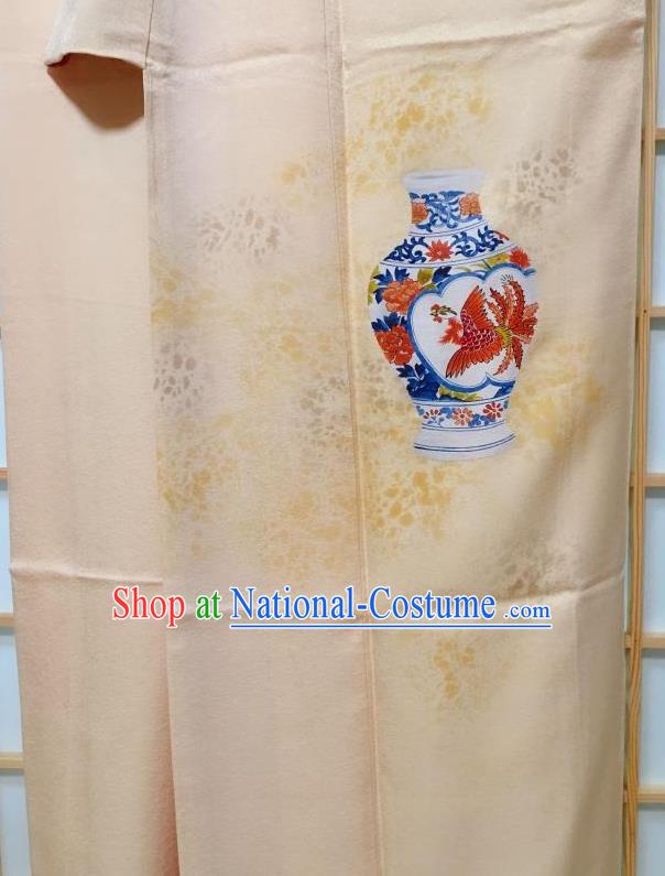 Japanese Traditional Painting Vase Pattern Beige Tsukesage Kimono Japan Yukata Dress Costume for Women