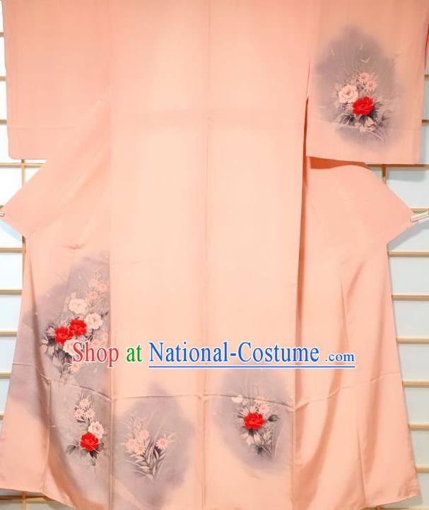 Japanese Classical Printing Peony Pink Tsukesage Kimono Japan Traditional Yukata Dress Costume for Women