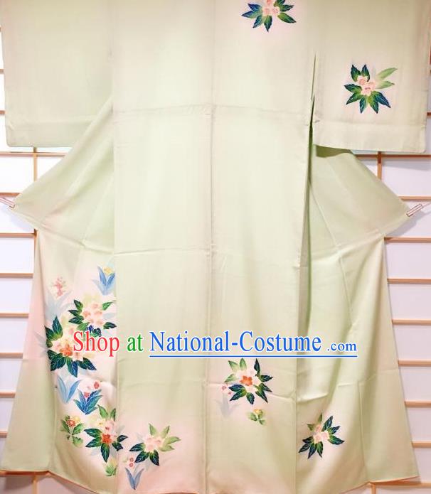 Japanese Classical Printing Flowers Light Green Silk Tsukesage Kimono Japan Traditional Yukata Dress Costume for Women