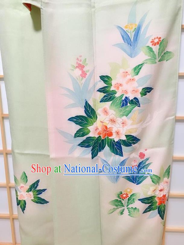 Japanese Classical Printing Flowers Light Green Silk Tsukesage Kimono Japan Traditional Yukata Dress Costume for Women