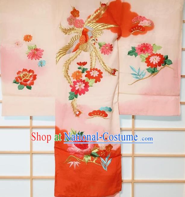 Traditional Japanese Geisha Embroidered Phoenix Chrysanthemum Pink Furisode Kimono Japan Yukata Dress Costume for Women