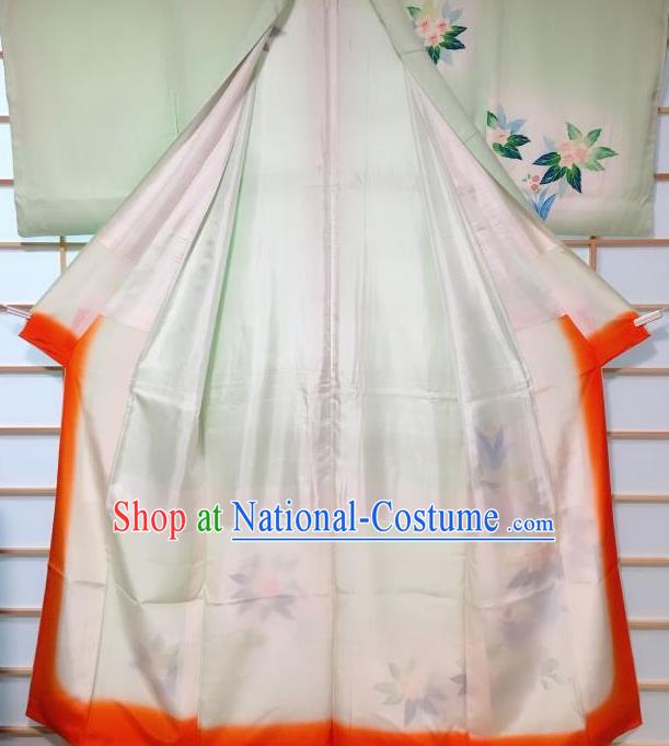 Japanese Classical Printing Flowers Light Green Silk Tsukesage Kimono Japan Traditional Yukata Dress Costume for Women