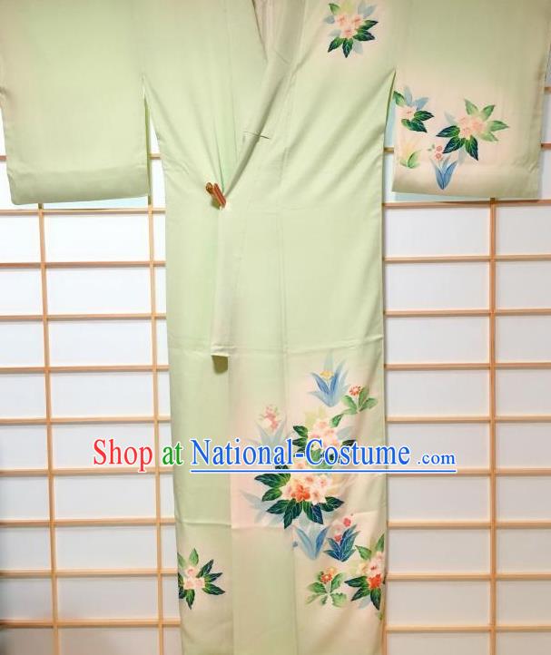 Japanese Classical Printing Flowers Light Green Silk Tsukesage Kimono Japan Traditional Yukata Dress Costume for Women