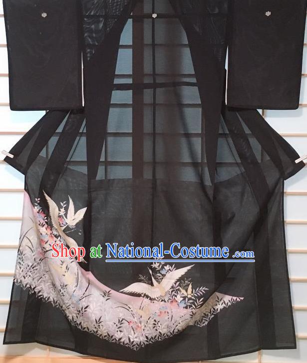 Japanese Classical Printing Crane Black Kurotomesode Kimono Japan Traditional Yukata Dress Costume for Women