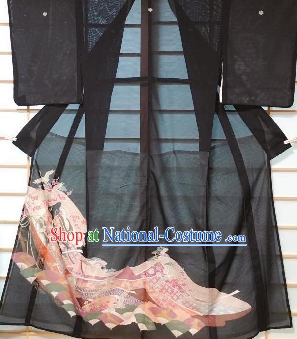 Japanese Classical Printing Plum Crane Black Kurotomesode Kimono Japan Traditional Yukata Dress Costume for Women