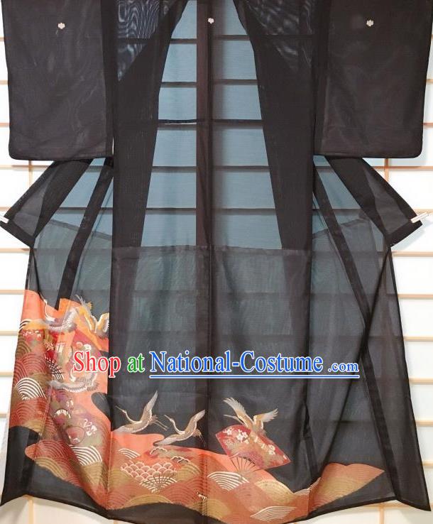 Japanese Classical Printing Crane Fan Black Kurotomesode Kimono Japan Traditional Yukata Dress Costume for Women