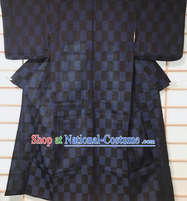 Traditional Japanese Classical Grid Pattern Black Kimono Asian Japan Yukata Costume for Men