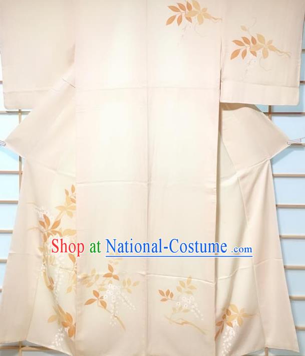 Japanese Classical Fujihana Pattern Beige Tsukesage Kimono Japan Traditional Yukata Dress Costume for Women