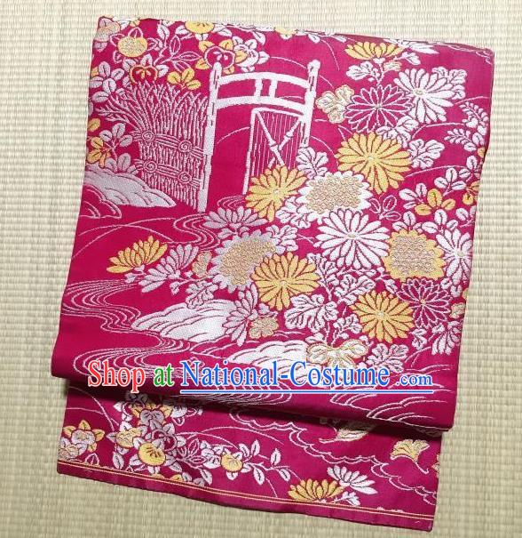 Japanese Traditional Embroidered Chrysanthemum Rosy Brocade Waistband Japan Kimono Yukata Belt for Women