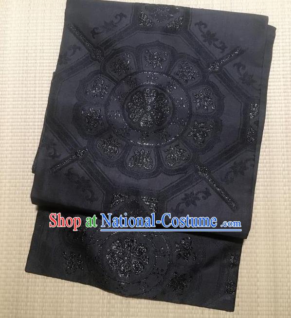 Japanese Nagoya Traditional Pattern Black Brocade Waistband Japan Kimono Yukata Belt for Women