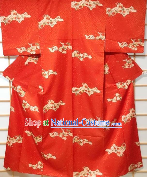 Japanese Traditional Cloud Peony Pattern Orange Edo Komon Kimono Japan Yukata Dress Costume for Women