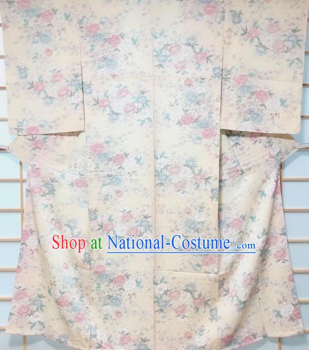 Japanese Traditional Peony Pattern Beige Edo Komon Kimono Japan Yukata Dress Costume for Women