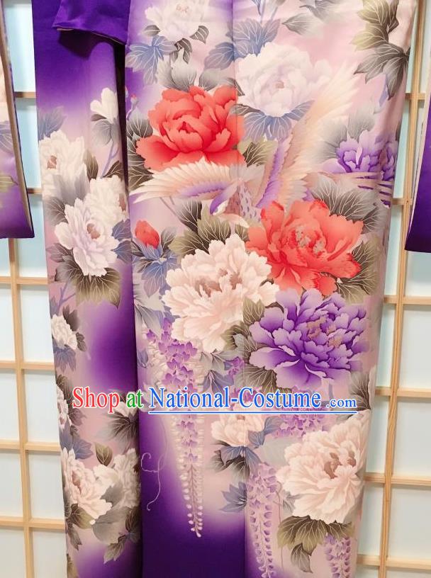 Japanese Traditional Peony Pattern Purple Furisode Kimono Japan Yukata Dress Costume for Women