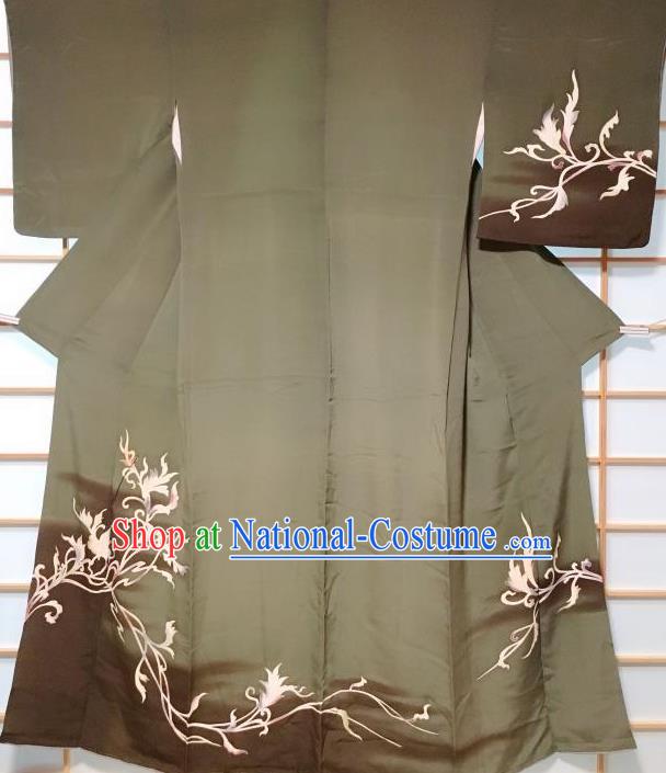 Japanese Traditional Painting Flower Pattern Green Tsukesage Kimono Japan Yukata Dress Costume for Women