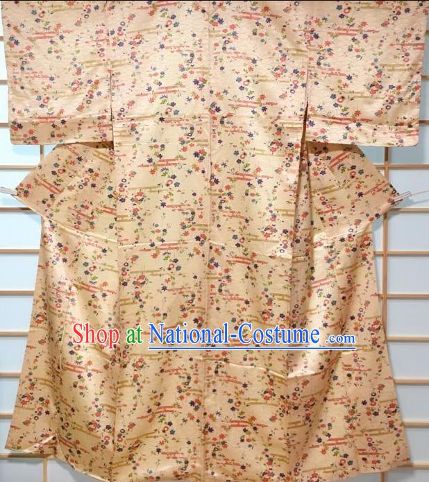 Japanese Traditional Flower Pattern Beige Silk Komon Kimono Japan Yukata Dress Costume for Women