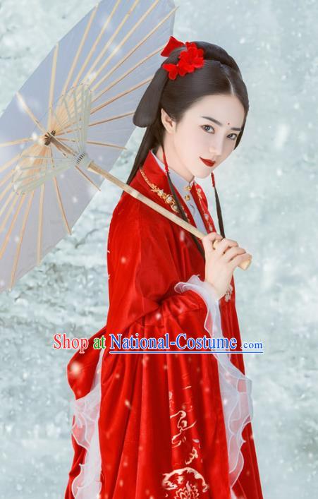 Ancient Chinese Ming Dynasty Court Lady Red Hanfu Dress Replica Costumes and Headpiece for Women