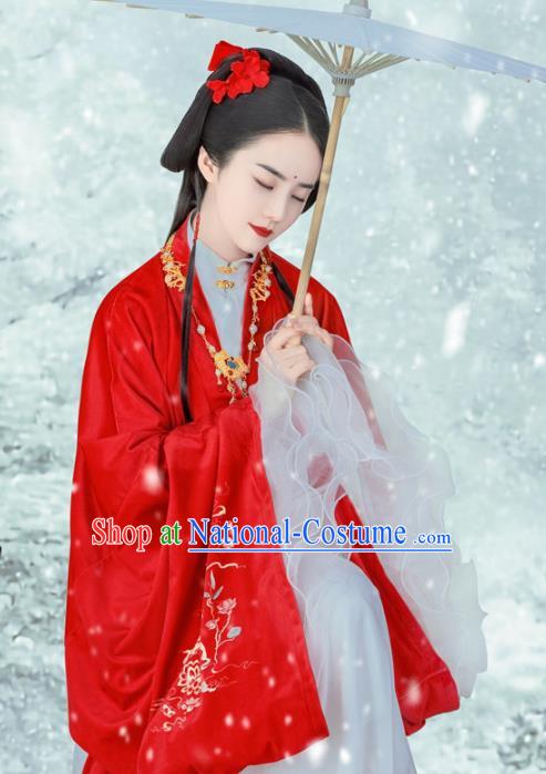 Ancient Chinese Ming Dynasty Court Lady Red Hanfu Dress Replica Costumes and Headpiece for Women