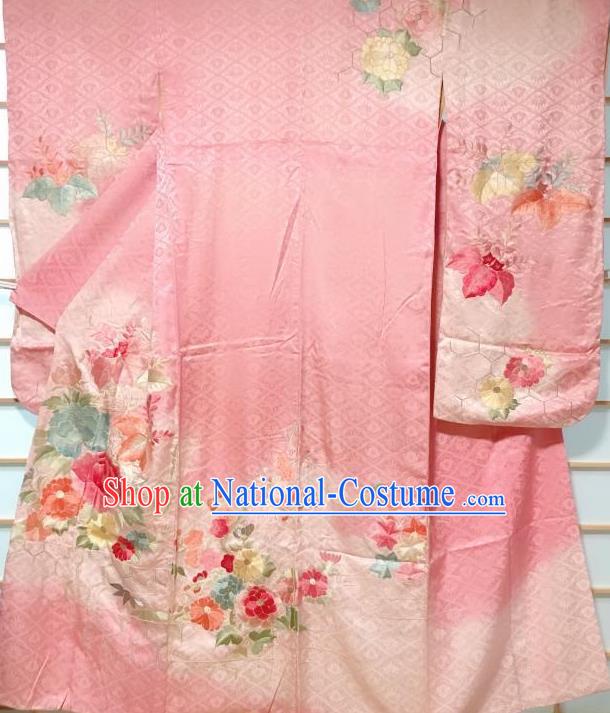 Japanese Classical Embroidered Peony Pink Silk Furisode Kimono Japan Traditional Yukata Dress Costume for Women