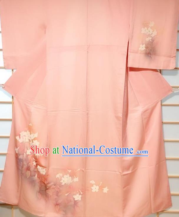 Japanese Classical Printing Mangnolia Pink Tsukesage Kimono Japan Traditional Yukata Dress Costume for Women