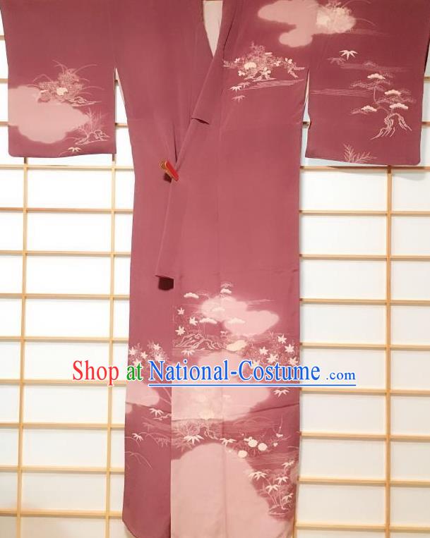 Japanese Classical Printing Bamboo Leaf Amaranth Tsukesage Kimono Japan Traditional Yukata Dress Costume for Women