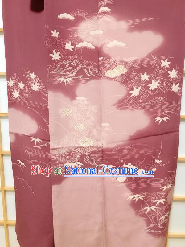 Japanese Classical Printing Bamboo Leaf Amaranth Tsukesage Kimono Japan Traditional Yukata Dress Costume for Women