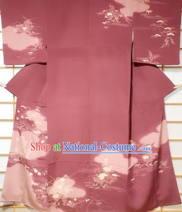 Japanese Classical Printing Bamboo Leaf Amaranth Tsukesage Kimono Japan Traditional Yukata Dress Costume for Women