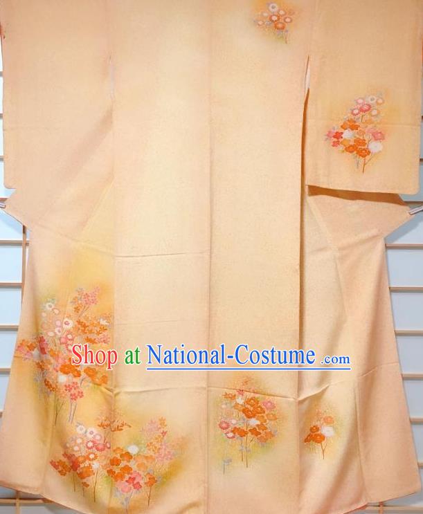 Japanese Classical Printing Daisy Yellow Tsukesage Kimono Japan Traditional Yukata Dress Costume for Women