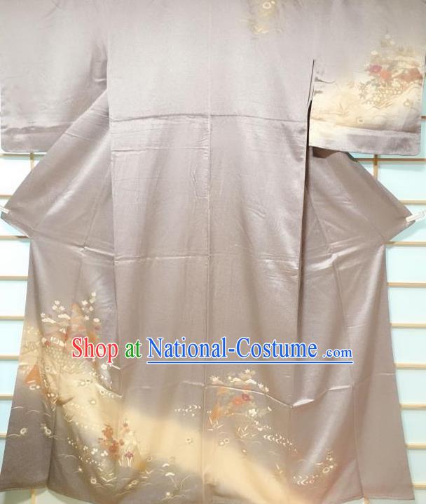 Japanese Classical Printing Camellia Lilac Tsukesage Kimono Japan Traditional Yukata Dress Costume for Women