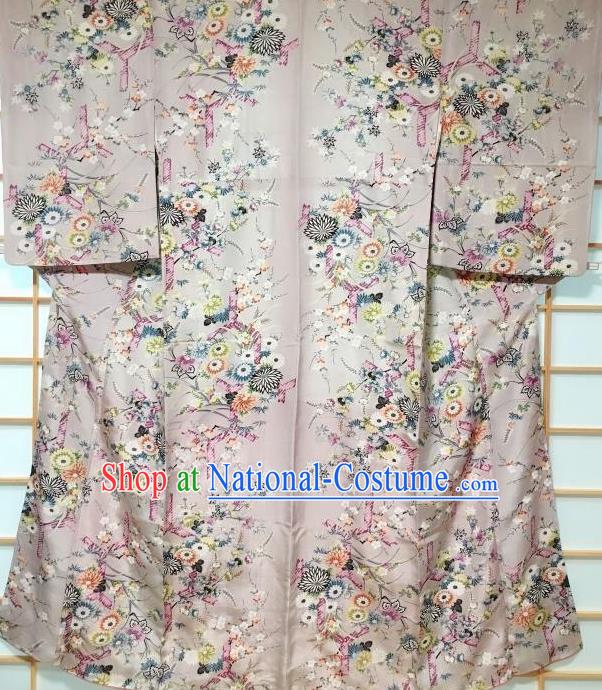 Japanese Classical Printing Chrysanthemum Grey Tsukesage Kimono Japan Traditional Yukata Dress Costume for Women