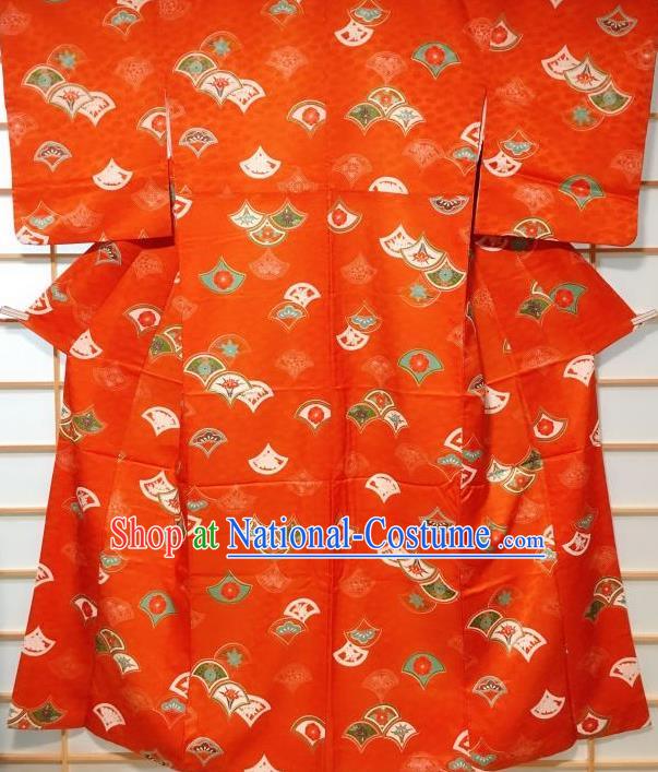 Japanese Classical Printing Chrysanthemum Orange Tsukesage Kimono Japan Traditional Yukata Dress Costume for Women