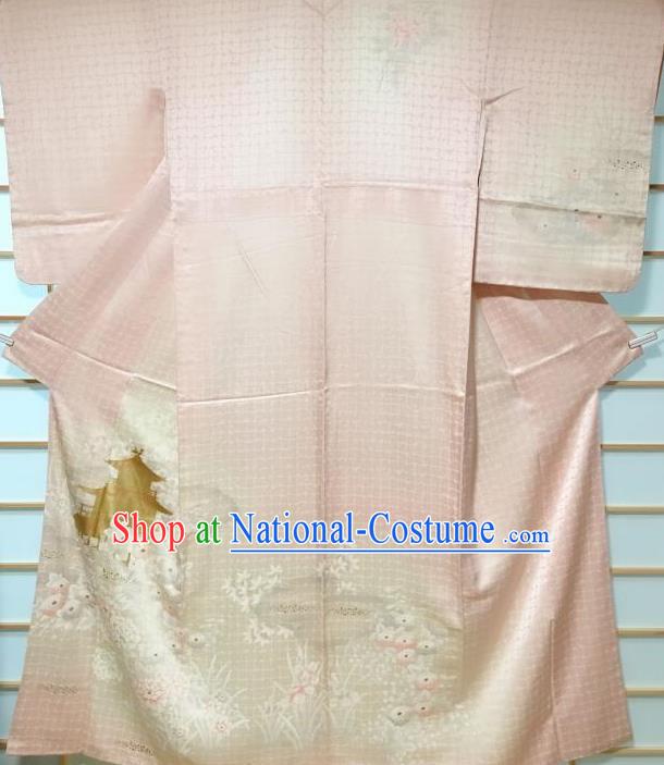 Japanese Classical Peony Pattern Pink Tsukesage Kimono Japan Traditional Yukata Dress Costume for Women