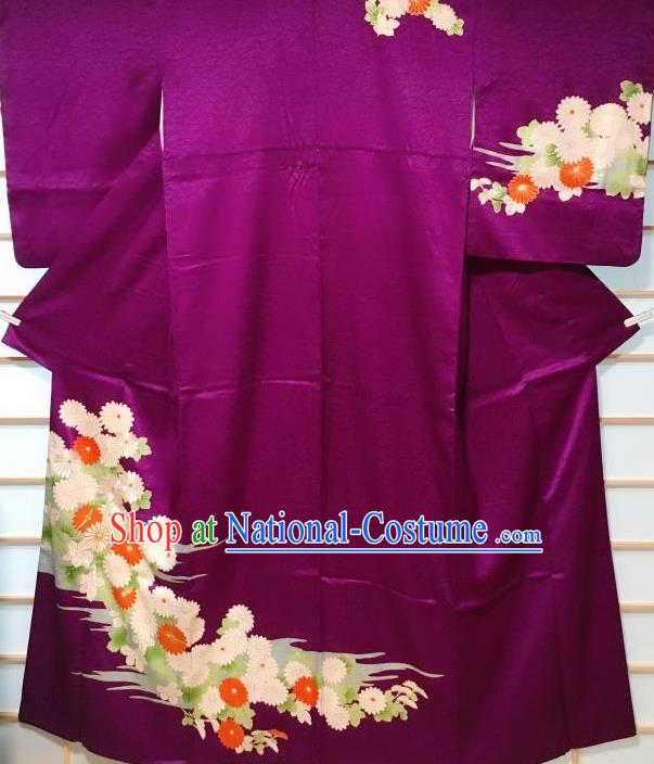 Japanese Classical Embroidered Chrysanthemum Pattern Purple Tsukesage Kimono Japan Traditional Yukata Dress Costume for Women