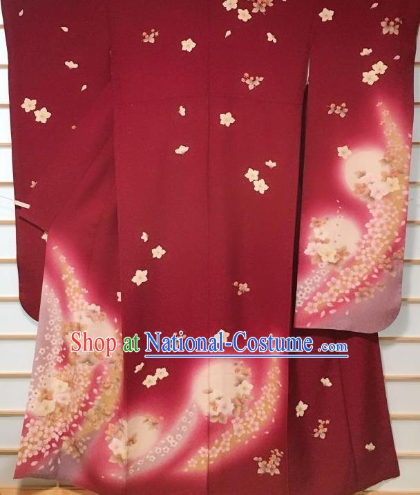 Japanese Classical Sakura Pattern Wine Red Furisode Kimono Japan Traditional Yukata Dress Costume for Women