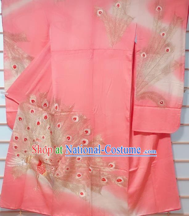 Traditional Japanese Pink Furisode Kimono Japan Classical Peacock Pattern Yukata Dress Costume for Women