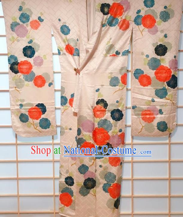 Traditional Japanese Beige Furisode Kimono Japan Classical Plum Blossom Pattern Yukata Dress Costume for Women